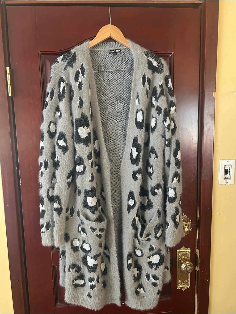 Gray Leopard-Print Open Cardigan Sweater